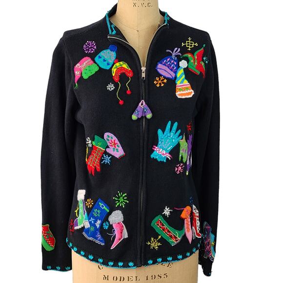 Vintage black zip cardigan sweater bright winter caps mittens Small - Picture 1 of 14